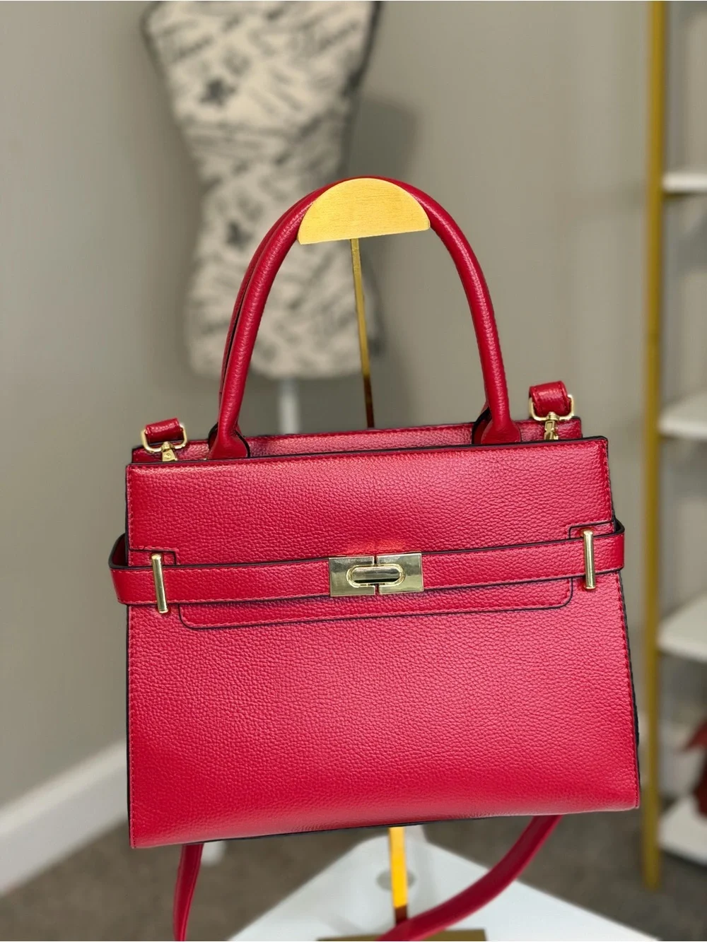 Red Structured Top-Handle Tote with Scarf Accent & Crossbody Strap
